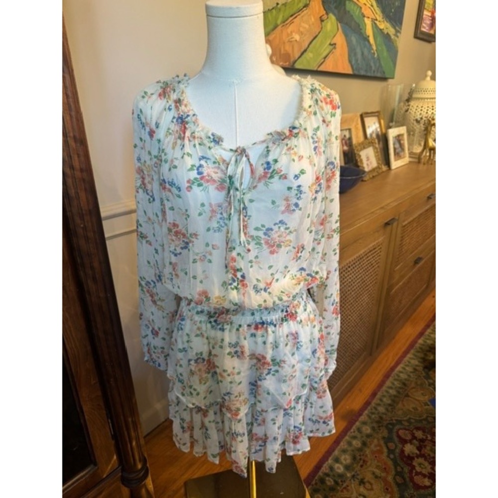 LoveShackFancy White Floral Silk Ruffle Mini Dress Smocked Waist Long Sleeve S